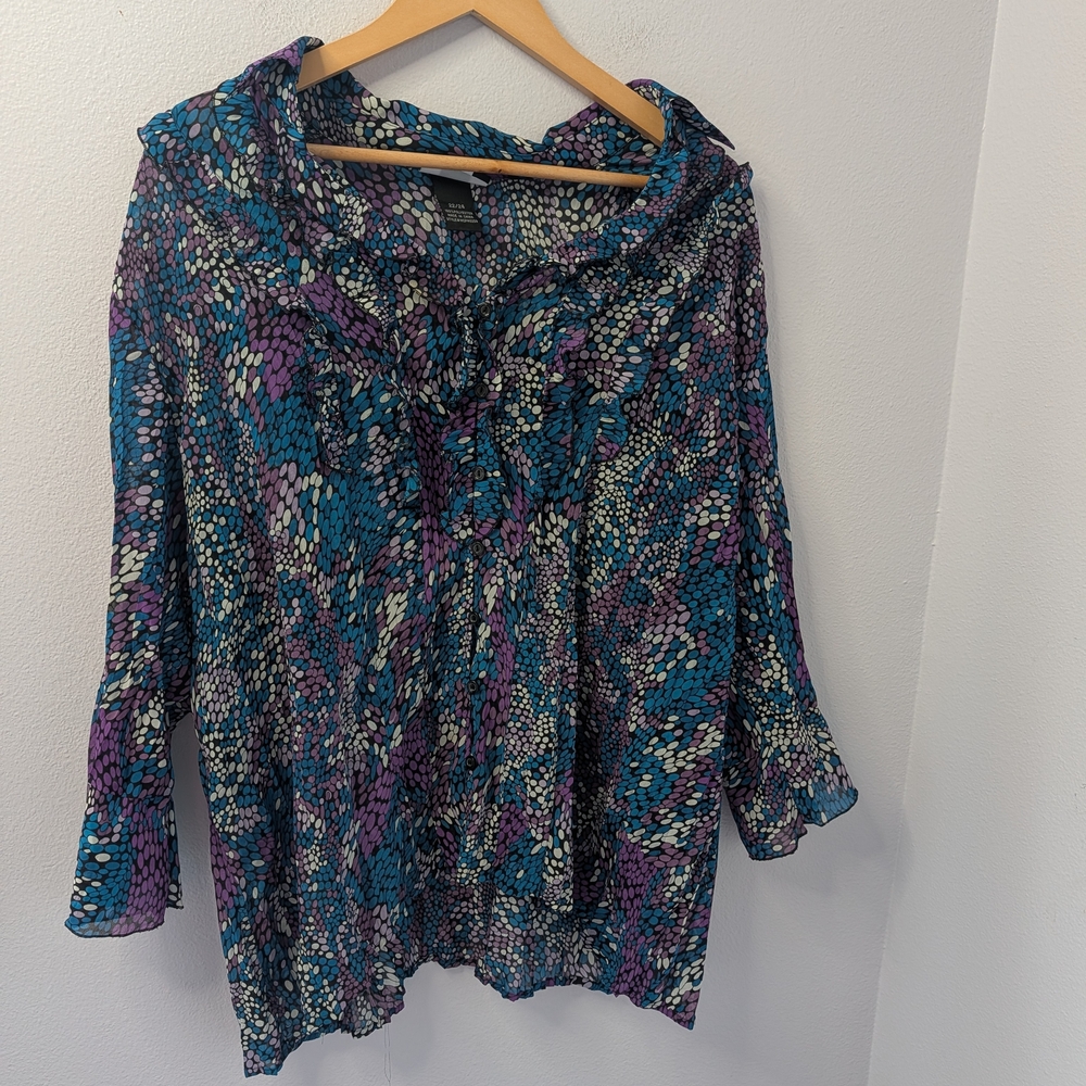 Studio 1940 22/24 Sheer Bell Sleeve Blouse Purple Blue Dot Print